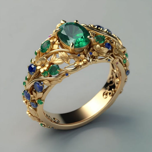 Anello in oro con cristallo verde e blu